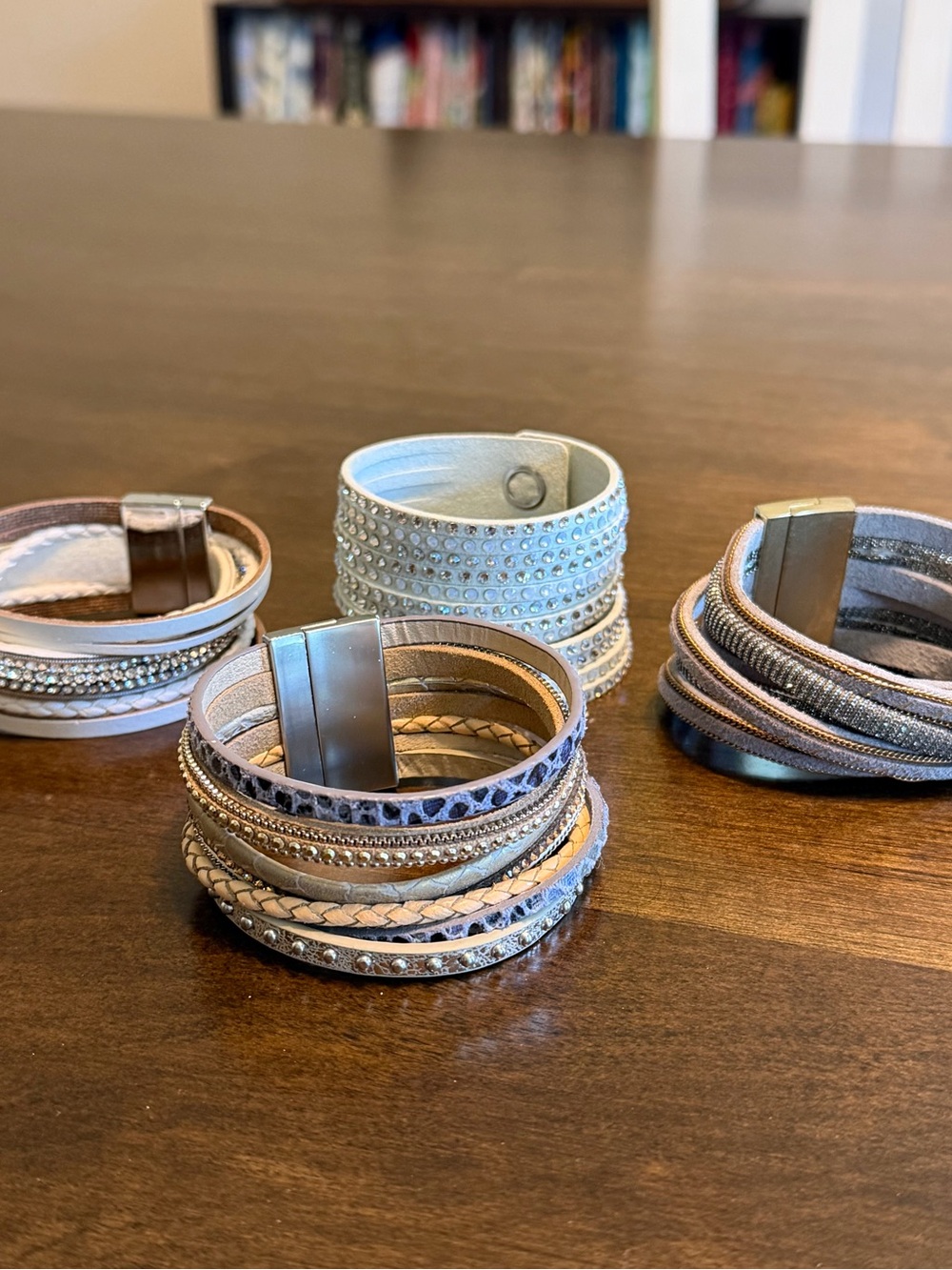 Set of 4 Multi-Row Rhinestone & Leather Wrap Bracelets - Neutral Mix
